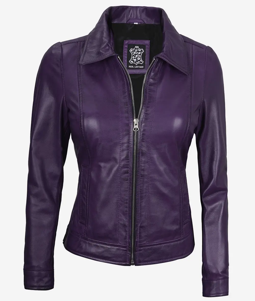 Womens Shirt Collar Purple Leather Jacket