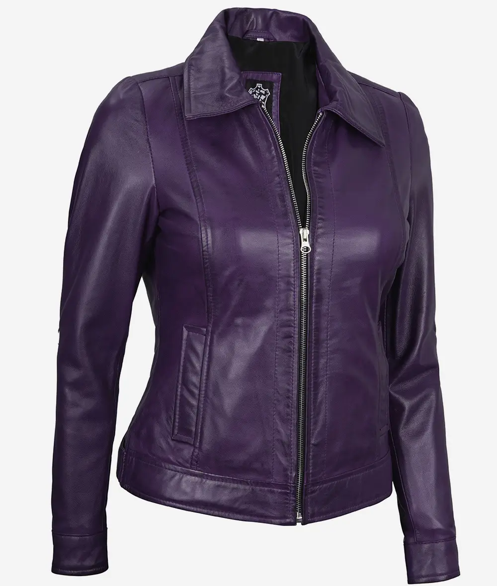 Womens Shirt Collar Purple Leather Jacket