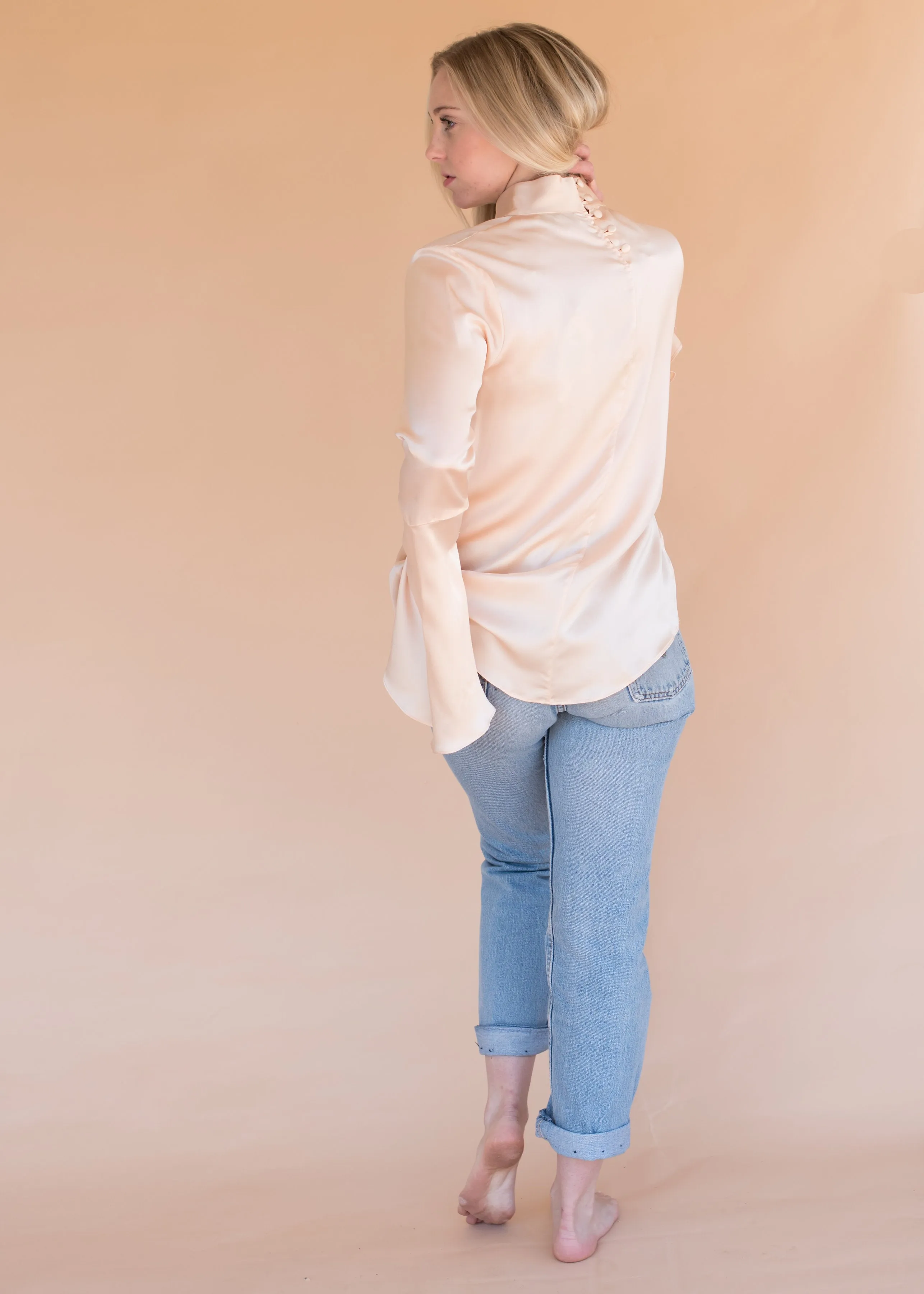 Women’s Silk Pink Blouse with Bell Sleeves and Buttons