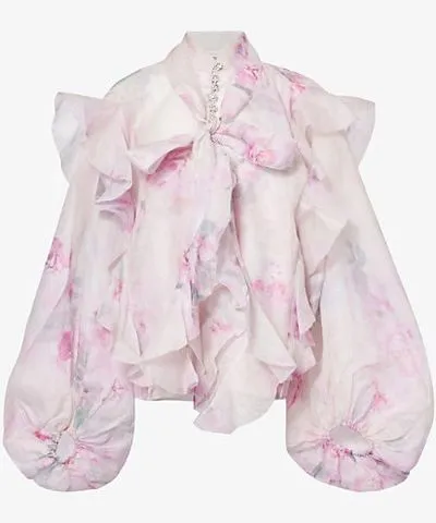 ZIMMERMANN Womens Pink Floral Crush tie-neck ruffled linen and silk-blend blouse