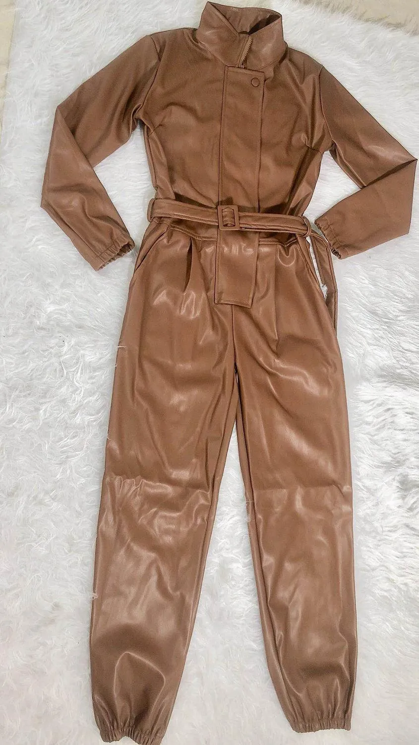 Zipper Faux Leather Jumpsuit Stand Collar Long Sleeve