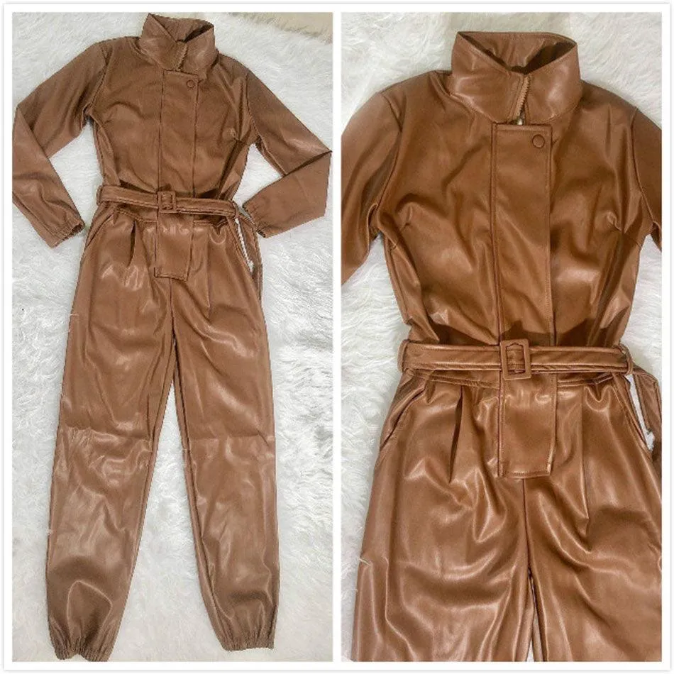 Zipper Faux Leather Jumpsuit Stand Collar Long Sleeve